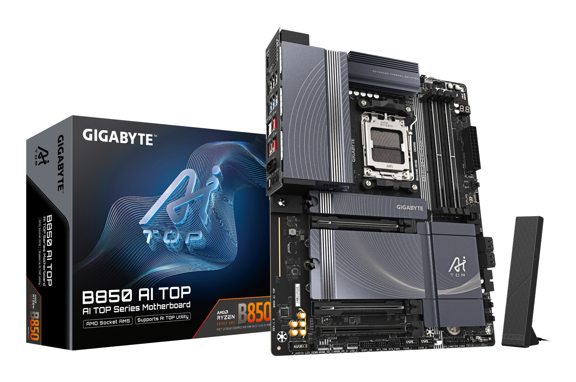 GIGABYTE B850 AI TOP Motherboard - AMD Ryzen 9000 Series CPUs, 16+2+2 Phases Digital VRM, up to 8600MHz DDR5 (OC), 2xPCIe 5.0 + 1xPCIe 4.0 M.2, 10 LAN, WIFI 7, USB 3.2 Gen 2x2