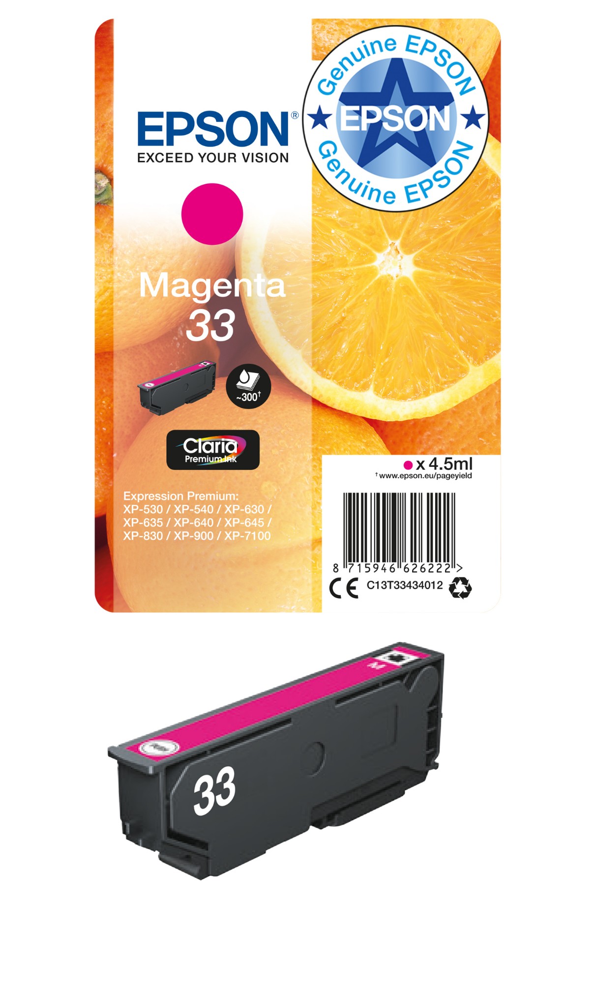 Epson Magenta C13t33434012/33 Ink Cartridge 300 Pages Iso/Iec 19752 4