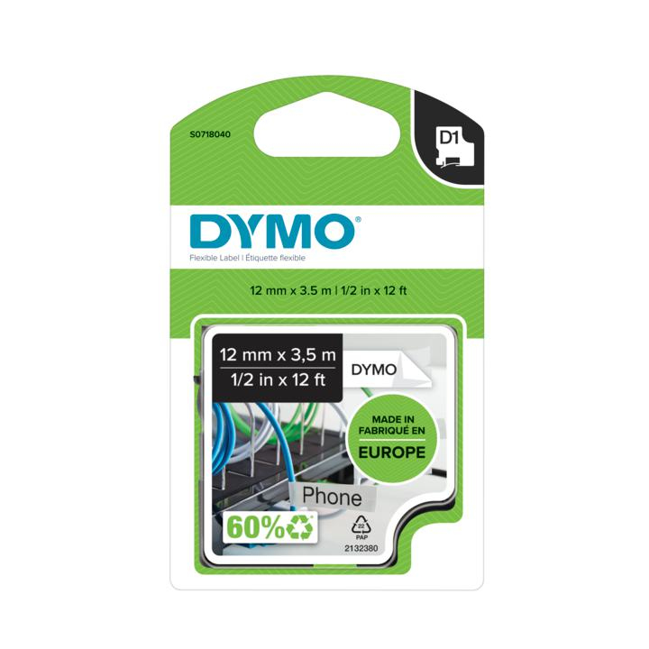 Dymo 16957 D1 Flexible Nylon Tape 12mm x 3.5m Black on White S0718040