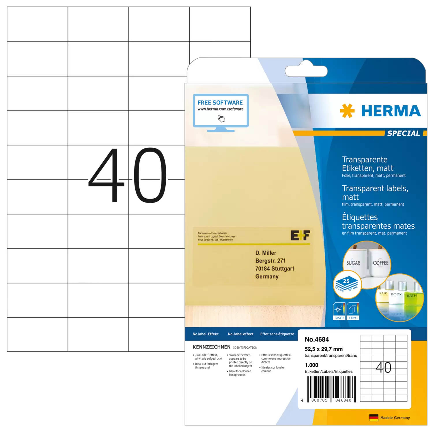 HERMA Labels transparent matt A4 52.5x29.7 mm film 1000 pcs.