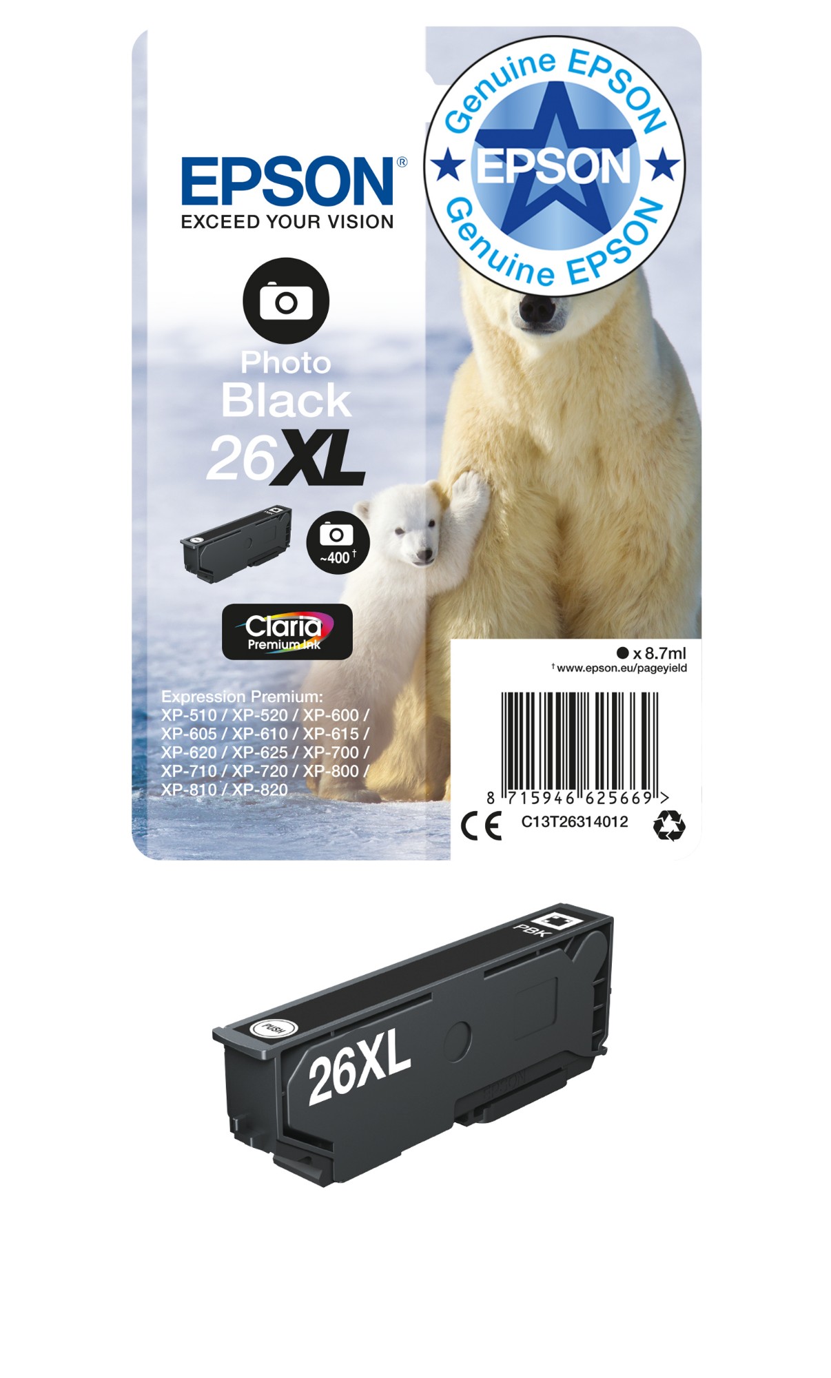 Epson C13T26314012/26XL Ink cartridge foto black high-capacity XL, 400 pages 400 Photos 8.7ml for Epson XP 600