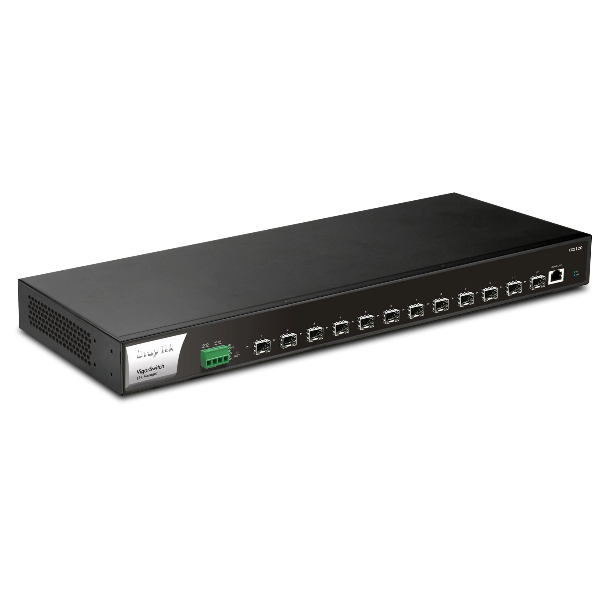 Image of Draytek 12 x 10Gbps SFP+ ports. Layer 2+ managed switch