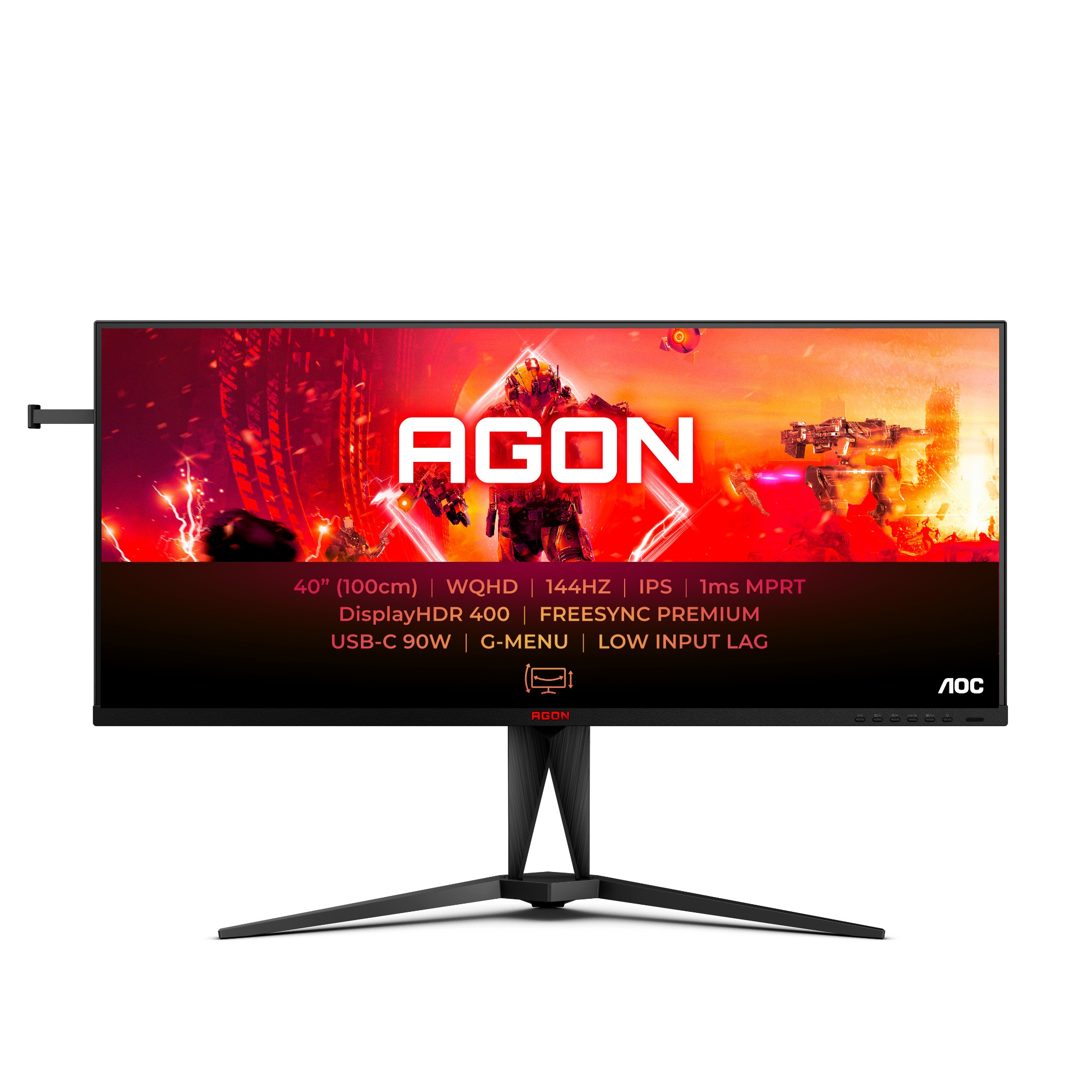 Screen size (inch) 40, Panel resolution 3440x1440, Refresh rate 144 Hz, Response time MPRT 1 ms, Panel type IPS, USB-C connectivity USB-C 3.2 x 1 (DP alt mode, upstream, power delivery up to 90 W), HDMI HDMI 2.0 x 2, Display Port DisplayPort 1.4 x 1, Sync