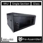 LDR Assembled 4U Wall Mount Cabinet (600mm x 450mm) Glass Door - Black Metal Construction - Top Fan Vents - Side Access Panels