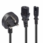 Lindy 2.5m UK 3 Pin Plug to IEC C13 and IEC C7 Splitter Extension Cable, Black