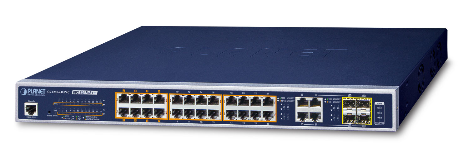 PLANET GS-4210-24UP4C network switch Managed L2/L4 Gigabit Ethernet (10/100/1000) Power over Ethernet (PoE) 1U Blue