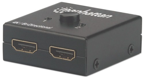 Manhattan HDMI Splitter/Switch 2-Port, 4K@30Hz, Bi-Directional, Black, Displays output from x1 HDMI source to x2 HD displays (same output to both displays) or Connects x2 HDMI sources to x1 display, Manual Selection, No external power required, 3 Year War