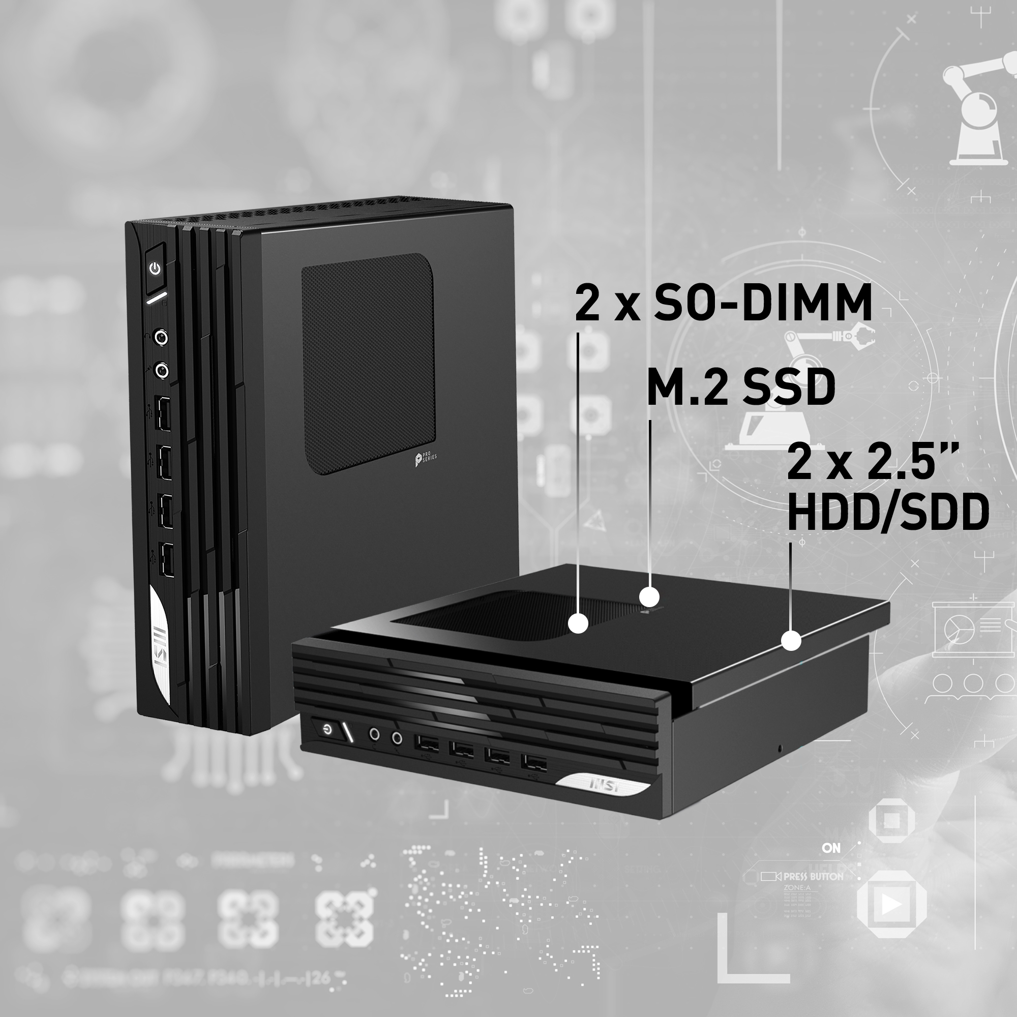 MSI PRO DP21 12M Intel Core i3-12100 Barebone, Mini-PC, 2.3L, Type-C, USB 3.2 Gen2, HDMI, DisplayPort, LAN, WiFi, BT, VESA, Supports Max 64GB DDR4 SO-DIMM (2 Slots), M.2 (1 Slot), 2.5'SSD/HDD (2 Slot)