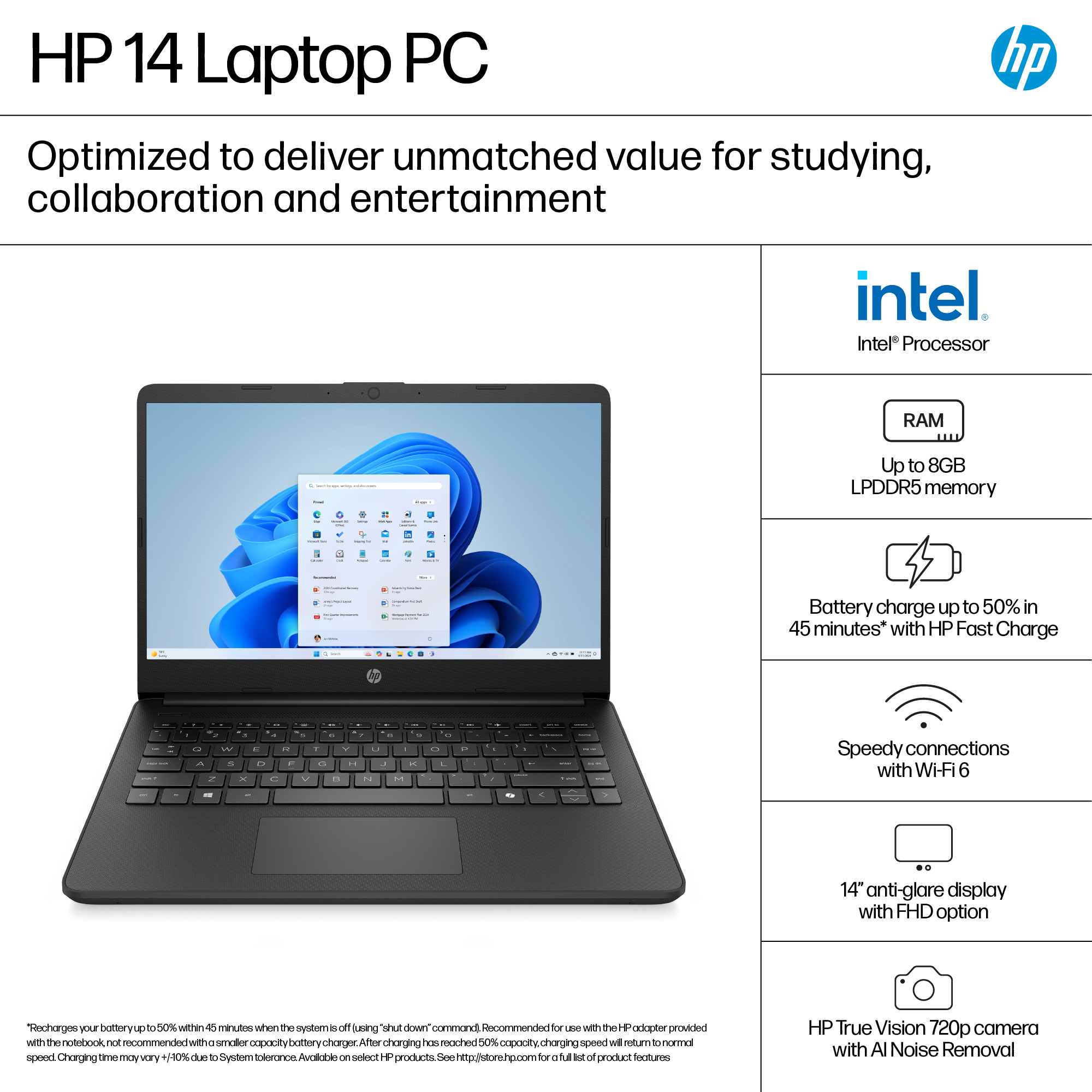 HP Laptop 14-dq6001na Intel® N N150 35.6 cm (14") HD 4 GB DDR4-SDRAM Wi-Fi 6 (802.11ax) Windows 11 Home in S mode Blue
