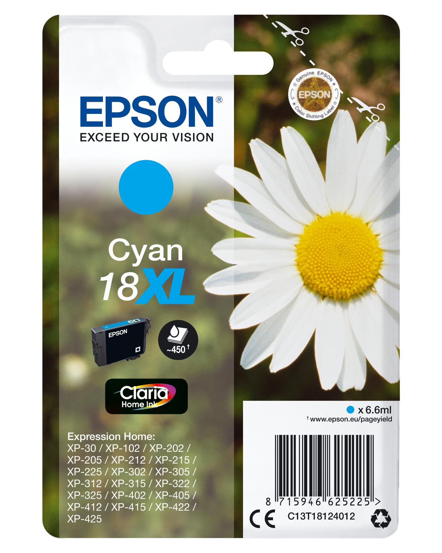 Image of Epson C13T18124012/18XL Ink cartridge cyan high-capacity, 450...