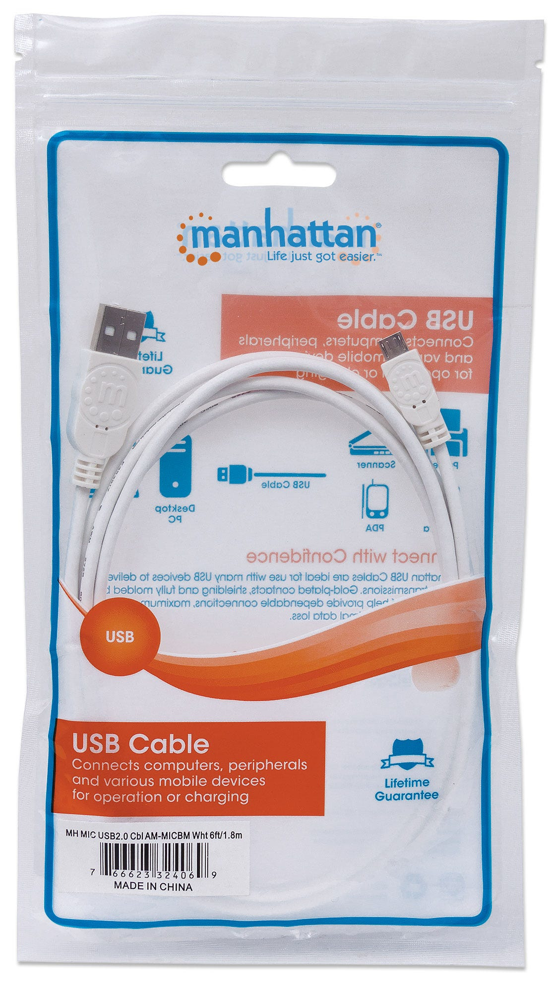 Manhattan USB-A to Micro-USB Cable, 1.8m, Male to Male, 480 Mbps (USB 2.0), White, Polybag