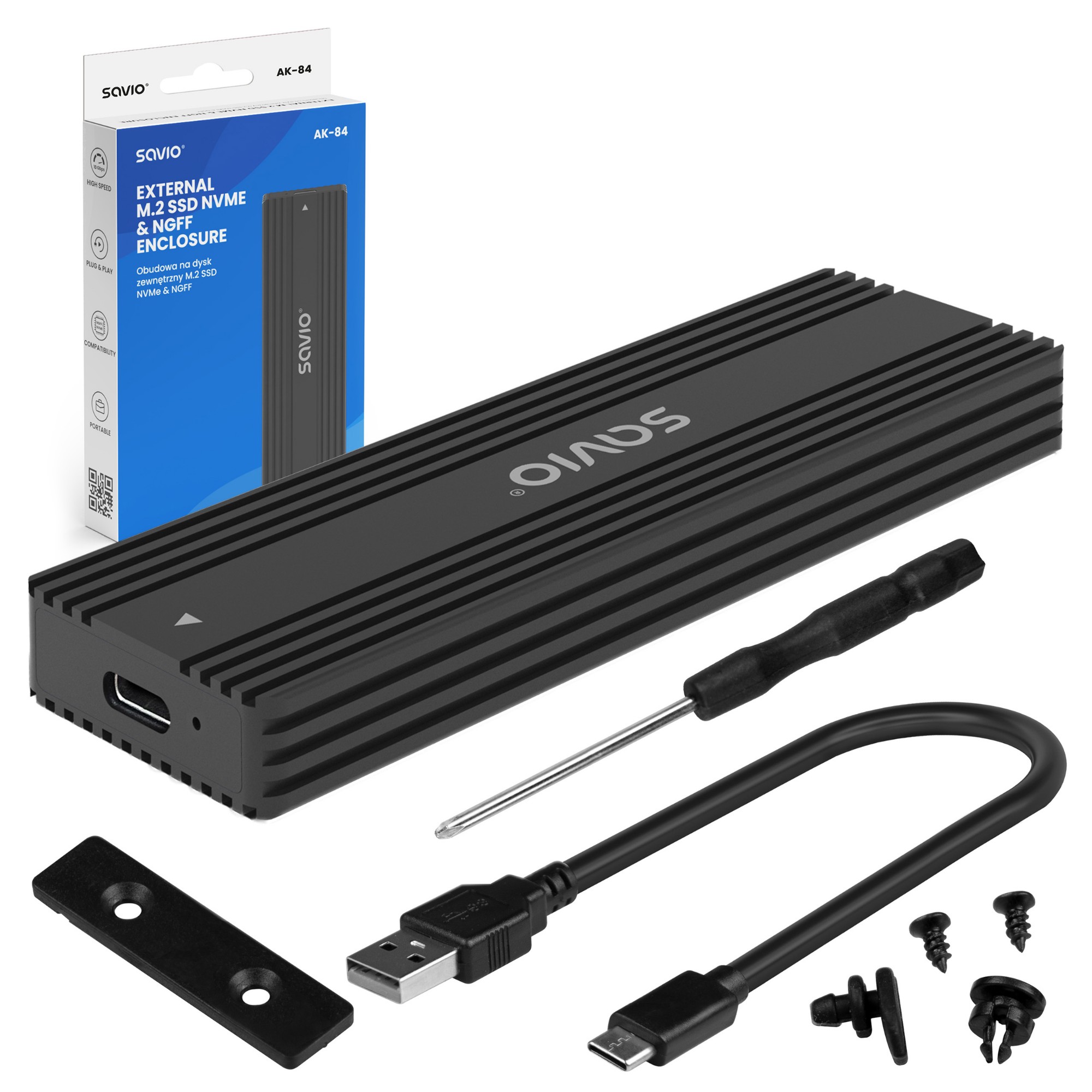 Savio AK-84 storage drive enclosure SSD enclosure Black M.2