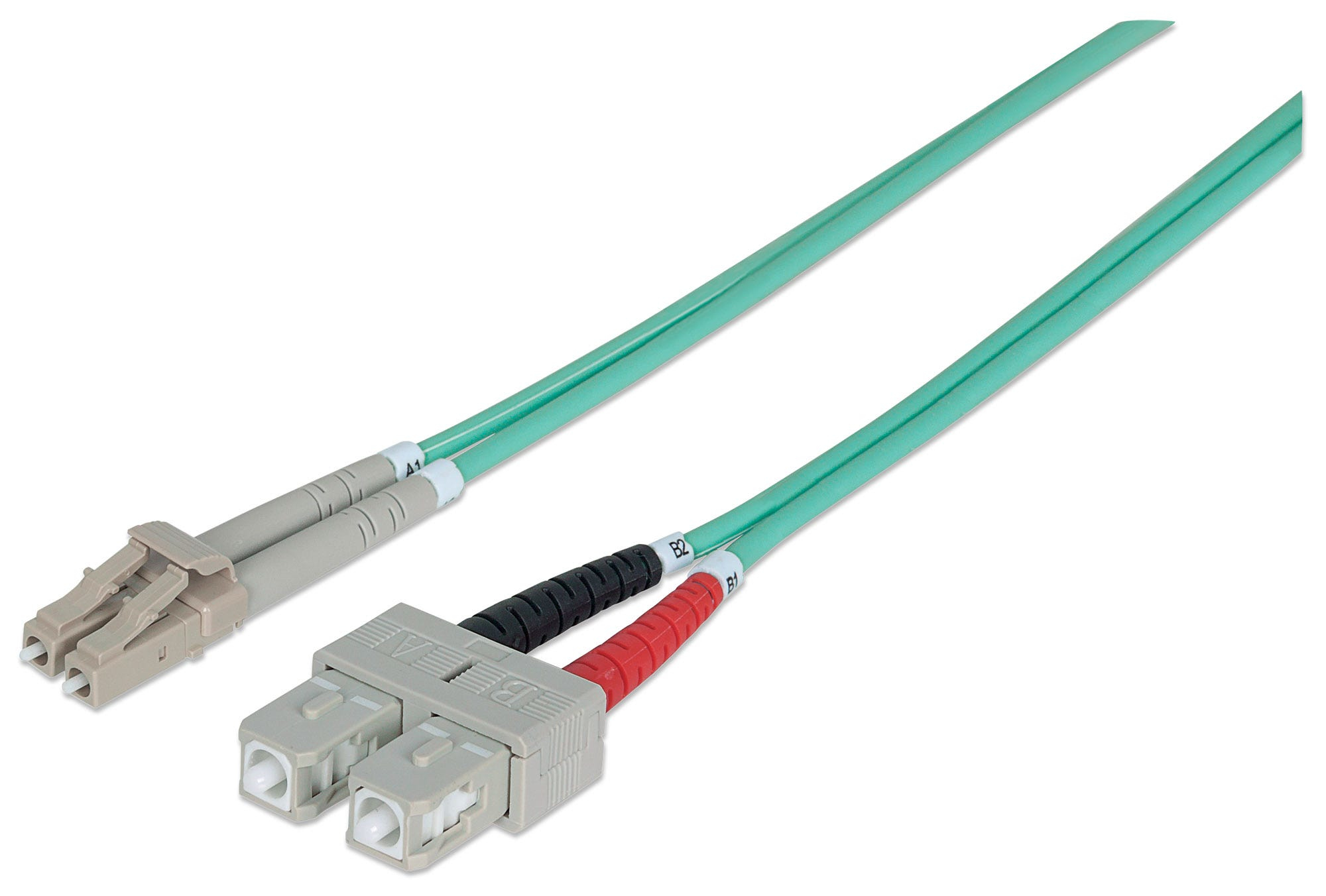 Intellinet Fiber Optic Patch Cable, OM3, LC/SC, 2m, Aqua, Duplex, Multimode, 50/125 µm, LSZH, Fibre, Lifetime Warranty, Polybag