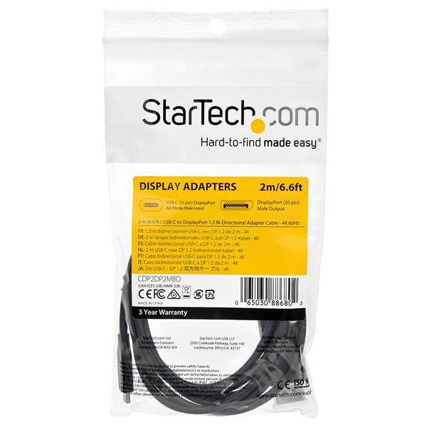 StarTech.com 6ft (2m) USB C to DisplayPort 1.2 Cable 4K 60Hz - Bidirectional DP to USB-C or USB-C to DP Reversible Video Adapter Cable - HBR2/HDR - USB Type C/TB3 Monitor Cable