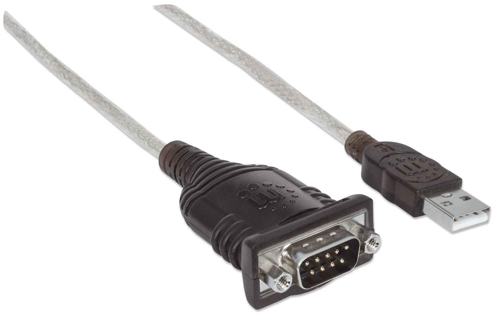 Manhattan USB-A to Serial Converter cable, 45cm, Male to Male, Serial/RS232/COM/DB9, Prolific PL-2303RA Chip, Black/Silver cable, Polybag