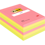 3M Post-it® Large Notes, Assorted Neon Colours, Lined, 101 mm x 152 mm, 100 Sheets/Pad, 6 Pads/Pack, 100% PEFC SGSCH-PEFC-COC-110078