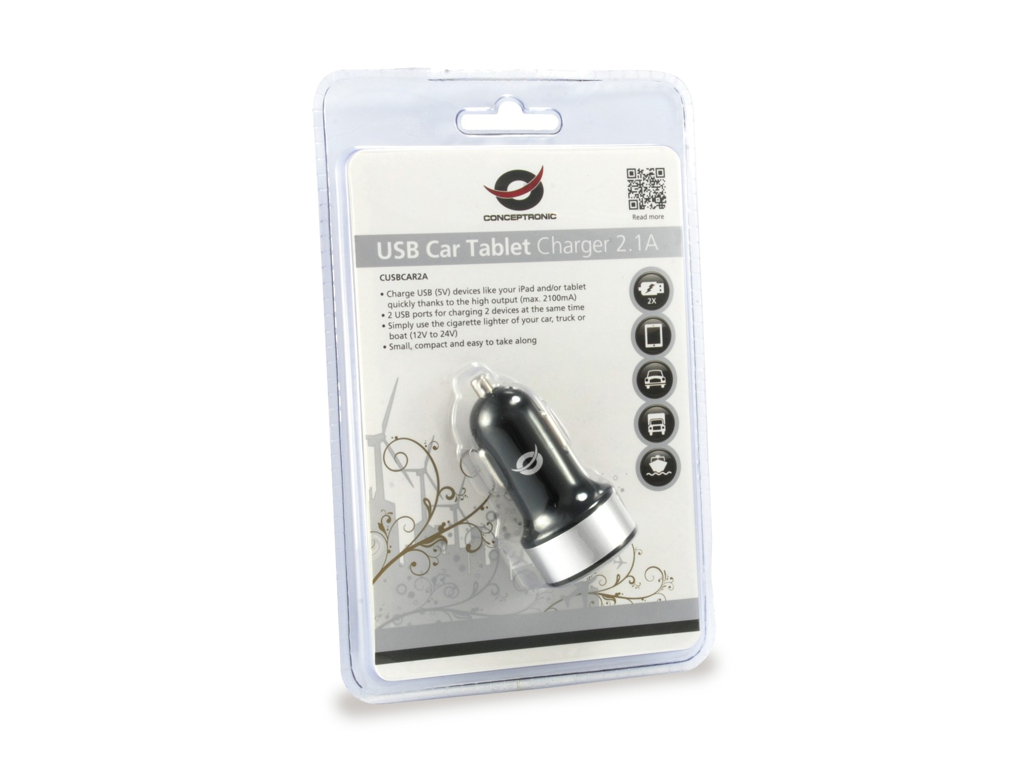 Conceptronic 2-Port USB Car Tablet Charger 2.1A