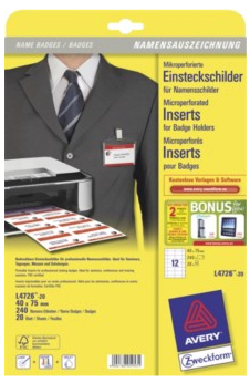 Avery L4726-20 identity badge/badge holder Paper 240 pc(s)
