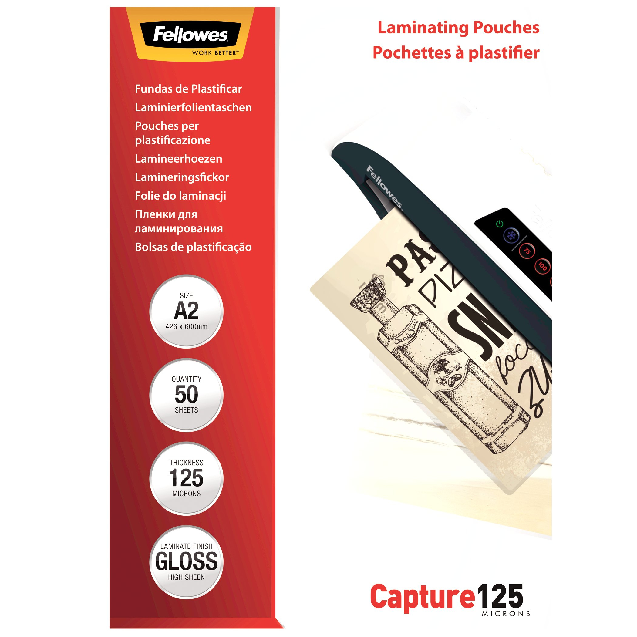 Image of Fellowes A2 Glossy 125 Micron Laminating Pouch - 50 pack