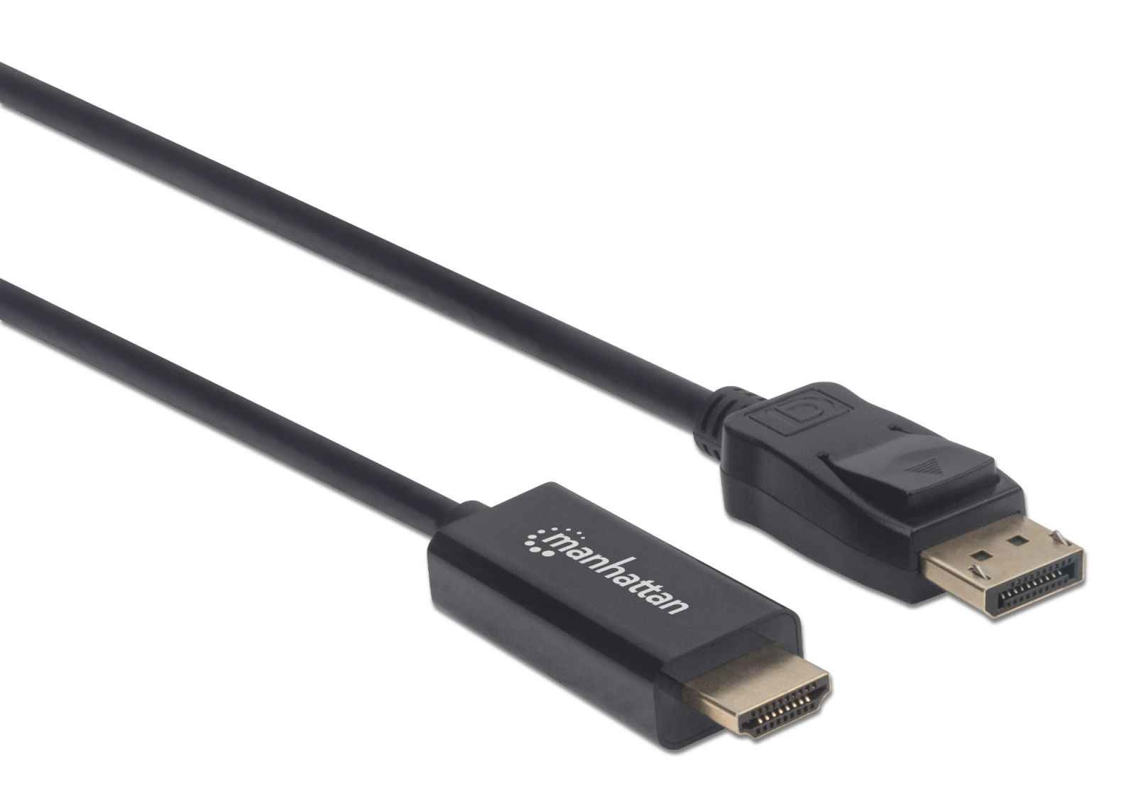 Manhattan DisplayPort to HDMI Cable, 4K@60Hz, 1.8m, Male to Male, DP With Latch, Black, Not Bi-Directional, Three Year Warranty, Polybag