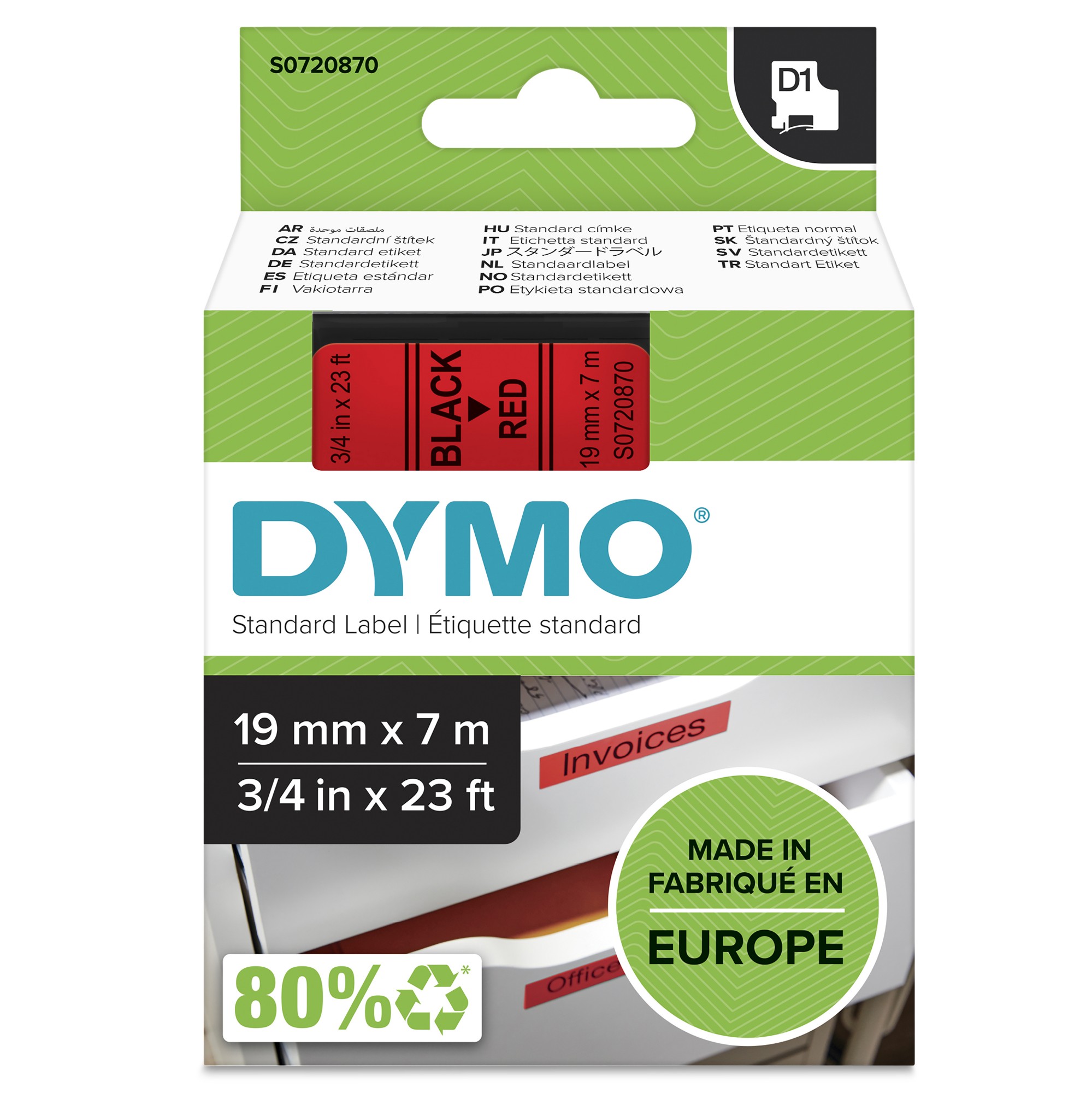 Dymo 45807/S0720870 DirectLabel-etikettes black on red 19mm x 7m for Dymo D1 6-19mm/24mm/400 Duo