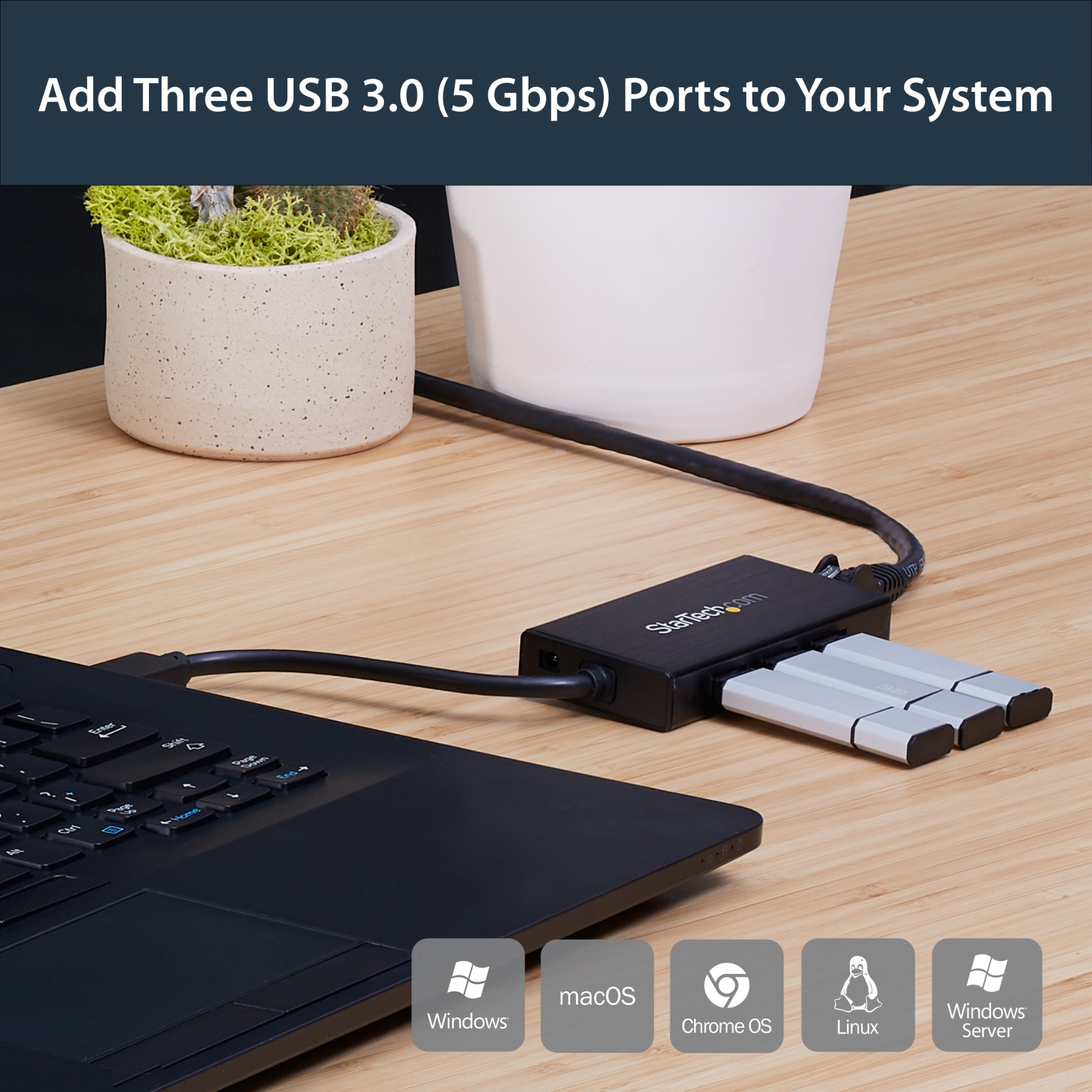 StarTech.com 3-Port Portable USB 3.0 Hub plus Gigabit Ethernet - Aluminum with Built-in Cable