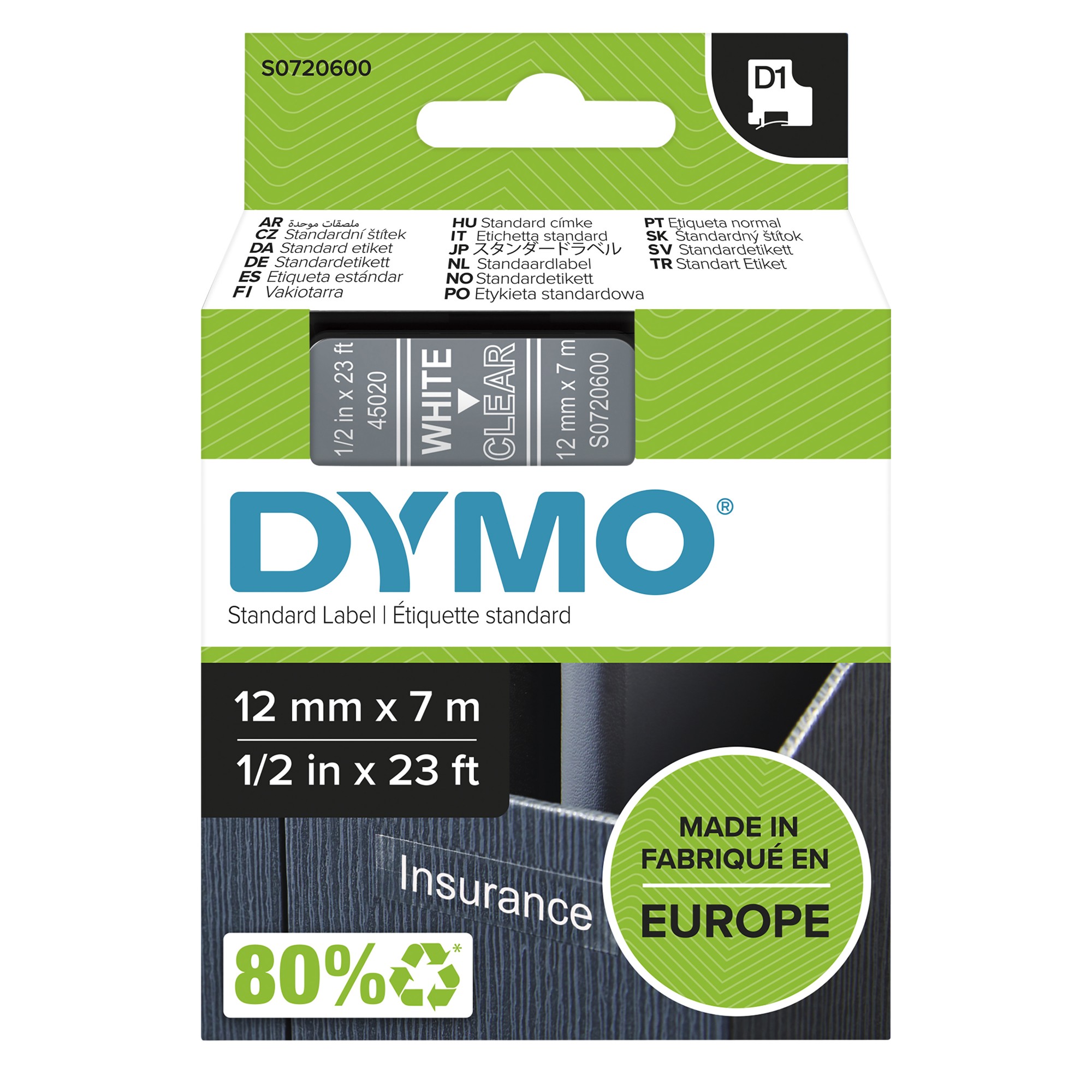 Dymo 45020/S0720600 DirectLabel-etikettes white on Transparent 12mm x 7m for Dymo D1 6-12mm/19mm/24mm/9-12mm/9-19mm