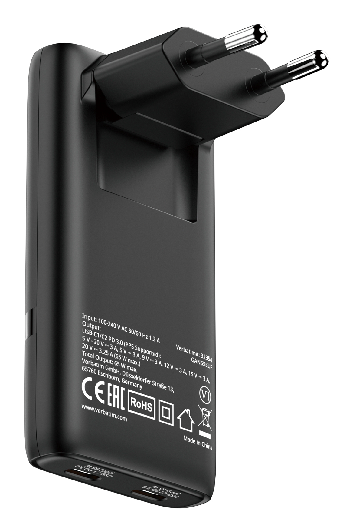 Verbatim Fold 'n' Go GaN Charger 65W EU plug Black
