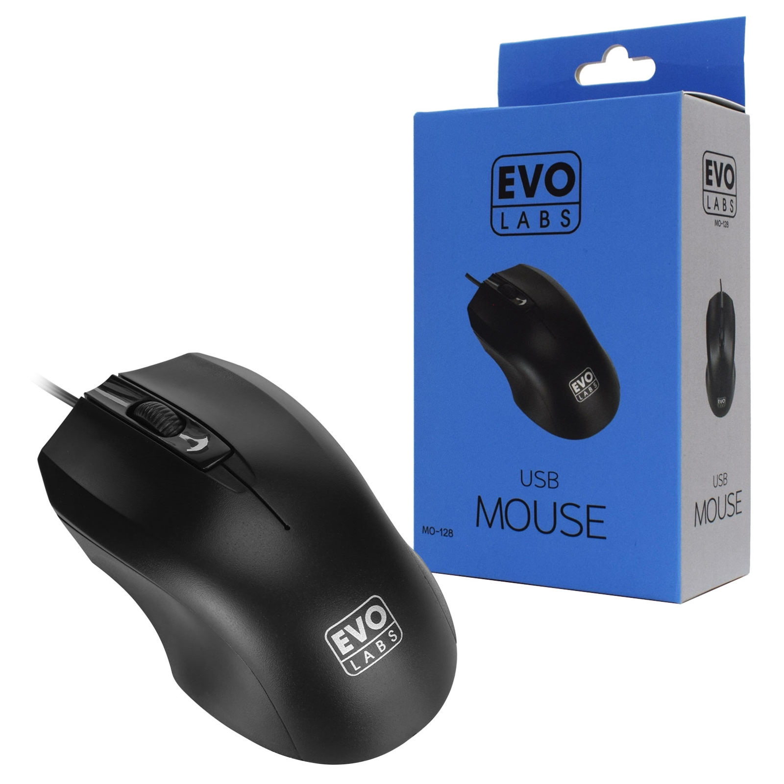 MO-128 EVO LABS MO-128 Wired USB Plug and Play Mouse, 800 DPI Optical Tracking, 3 Button with Scroll Wheel,  Ambidextrous Design, Matte Black