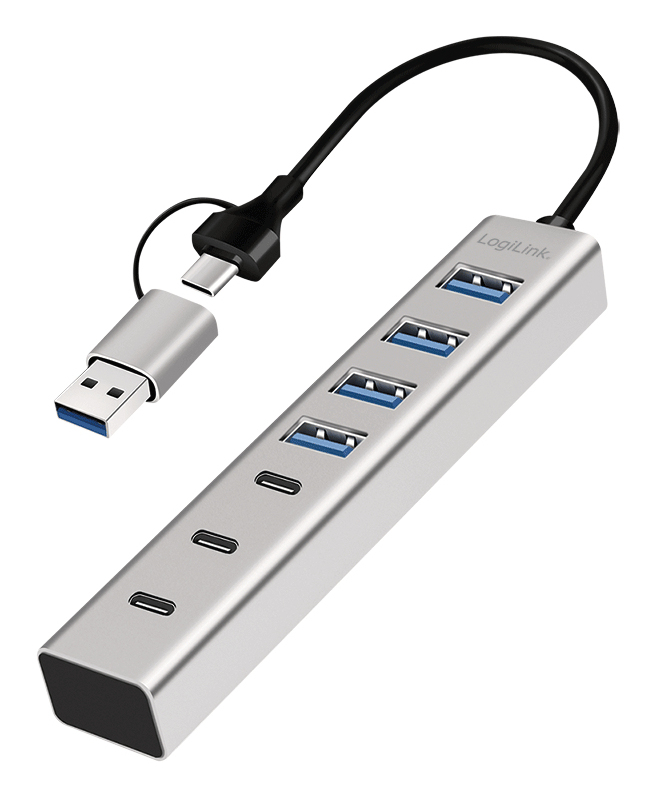 LogiLink USB 3.0 hub, 4x USB-A, 5 Gbit/s, 2-in-1 connection cable, silver