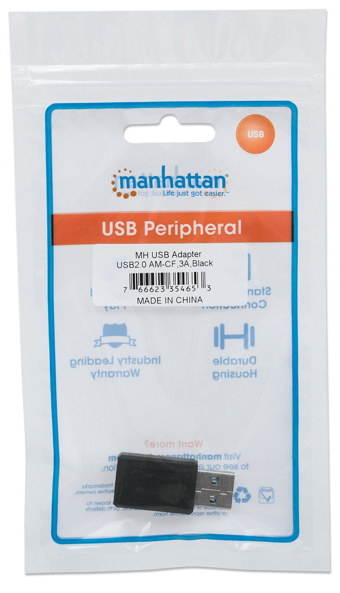 Manhattan USB-C to USB-A Adapter, Female to Male, 480 Mbps (USB 2.0), Black, Polybag