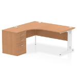 Dynamic Impulse W1600 x D1200 x H730mm Left Hand Crescent Desk Cable Managed Leg With D600mm Desk High Pedestal Oak Finish White Frame - I004084 DD