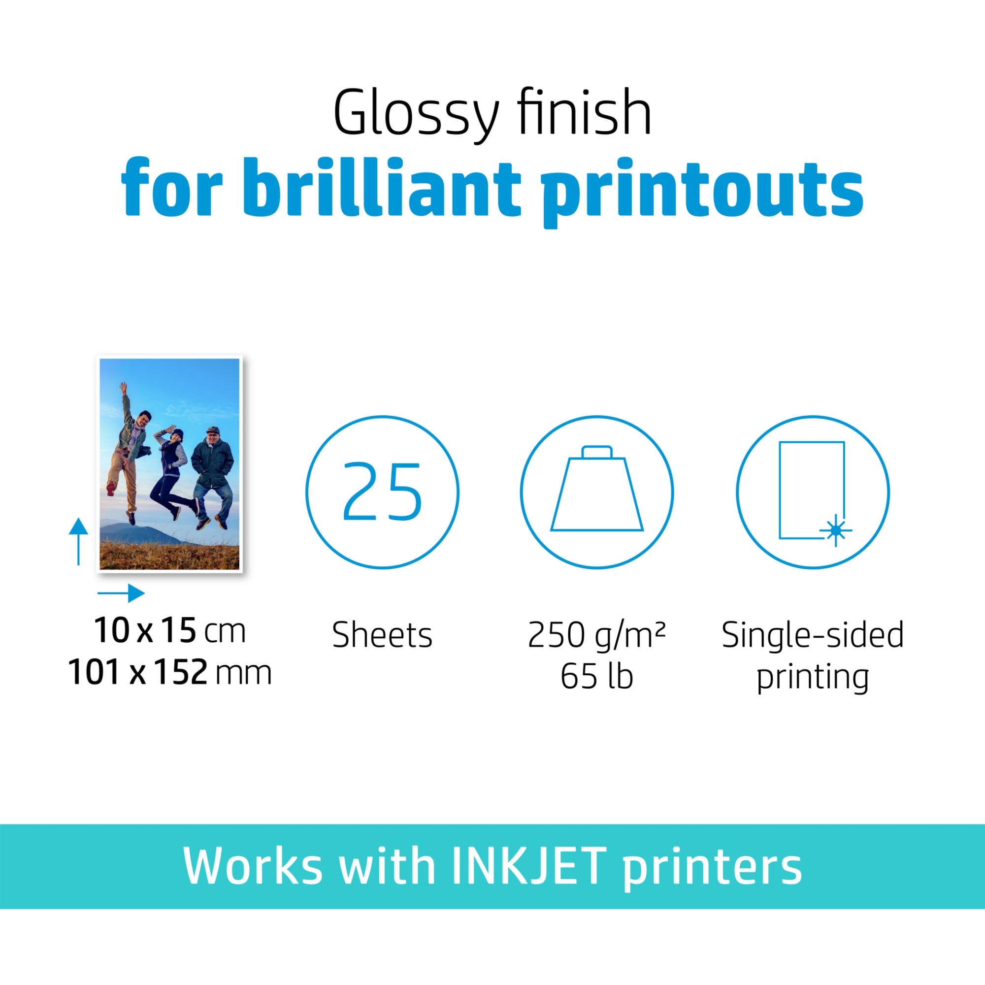 HP Advanced Photo Paper, Glossy, 250 g/m2, 10 x 15 cm (101 x 152 mm), 25 sheets