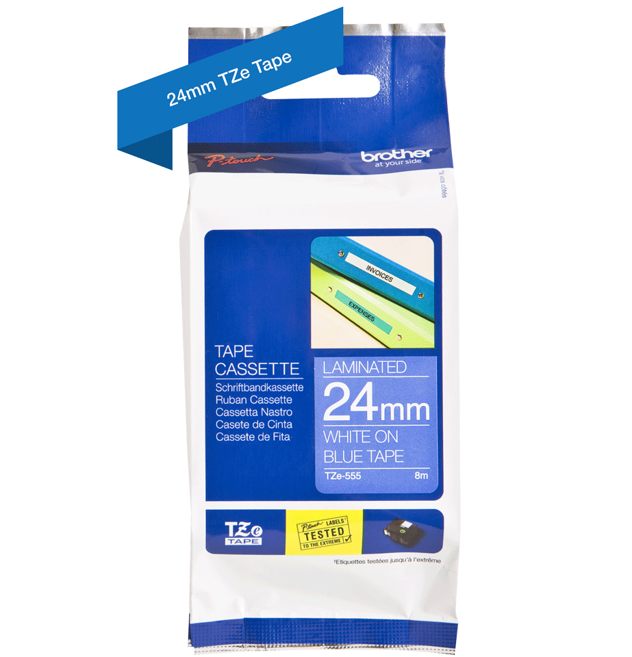 Brother TZE-555 DirectLabel white on blue Laminat 24mm x 8m for Brother P-Touch TZ 3.5-24mm/HSE/36mm/6-24mm/6-36mm