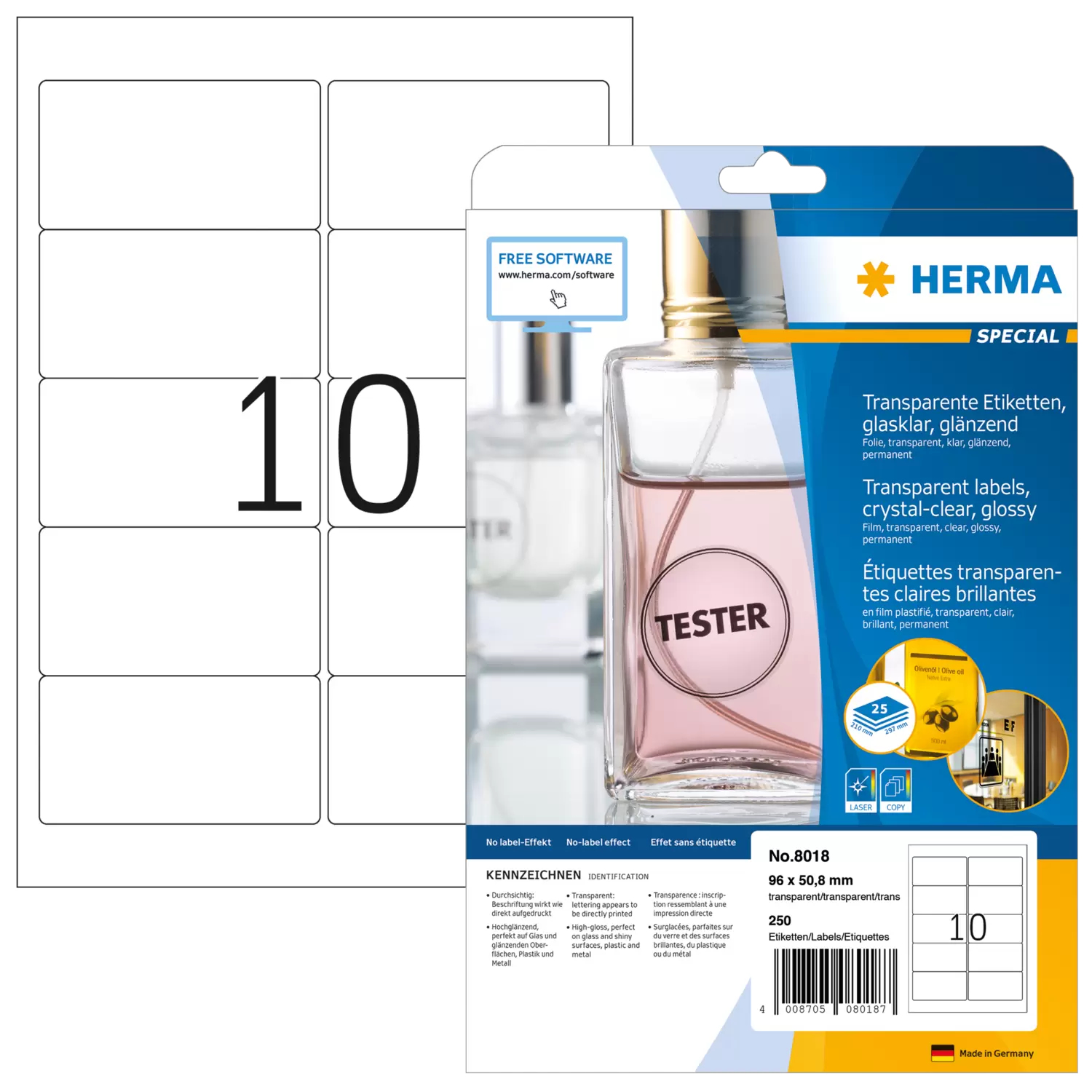 HERMA Labels transparent crystal-clear A4 96x50.8 mm transparent clear film glossy 250 pcs.