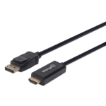 Manhattan DisplayPort 1.2 to HDMI Cable, 4K@60Hz, 1.8m, DP With Latch, Black, Not Bi-Directional, Three Year Warranty, Higher 4K Refresh Rate than DP2HDMM2MB (2m); Comparable 4K@60Hz Output to 6F-DP-HDMI-4K60-HDR (Active, 2m)