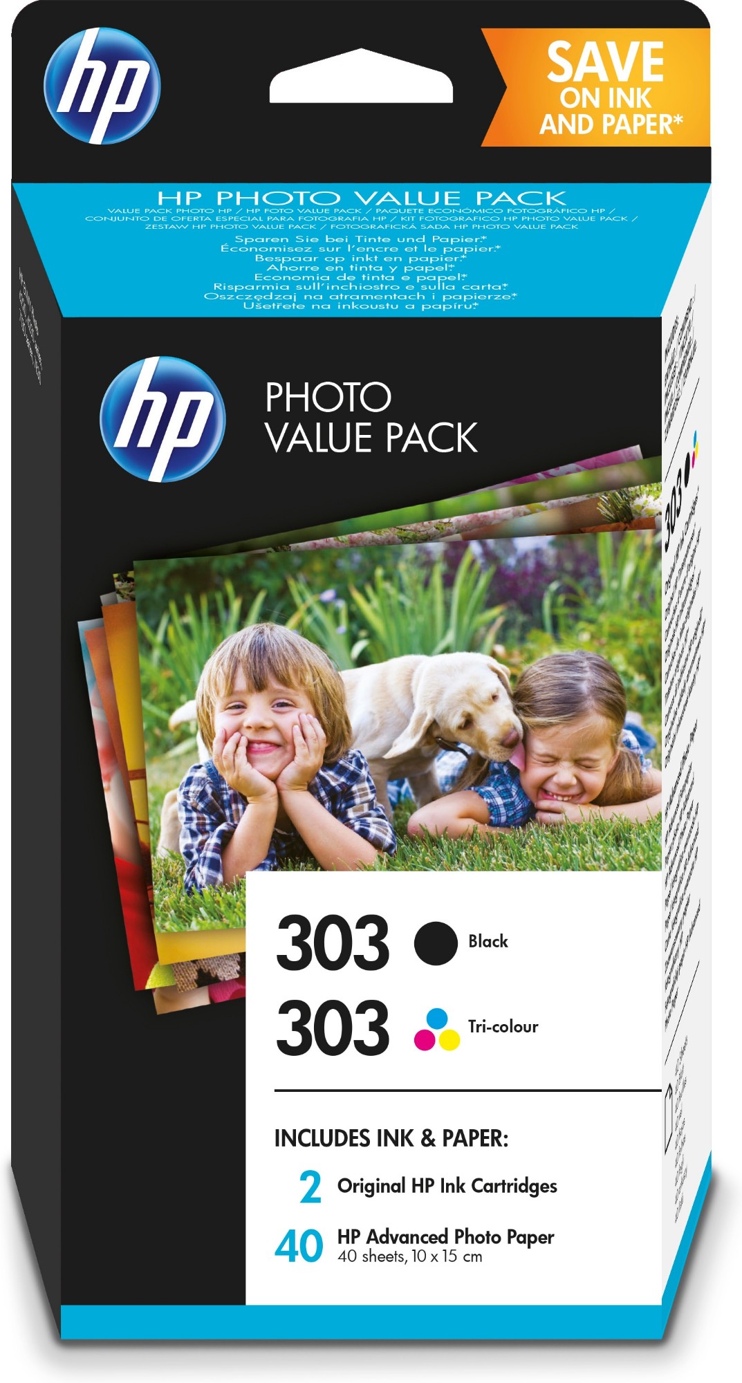 HP Paquete de ahorro 303 negro/tricolor con 40 hojas/10 x 15 cm