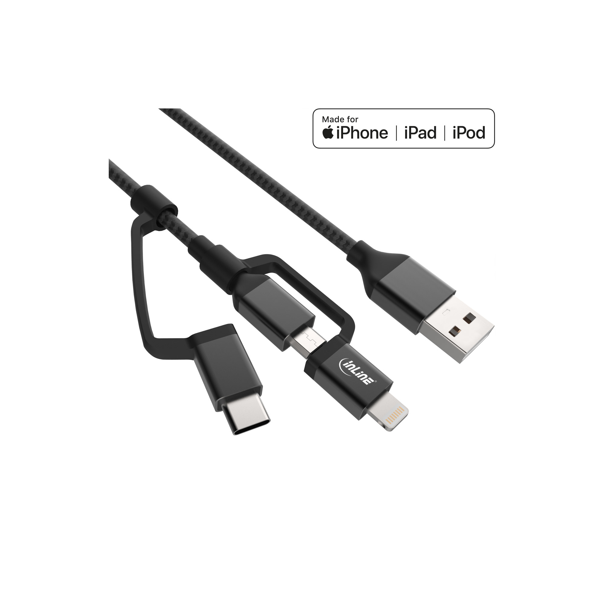 31415S INLINE INC 3-in1 USB Kabel - Micro-USB/Lightning/USB-C - schwarz/Alu - 1,5m MFi