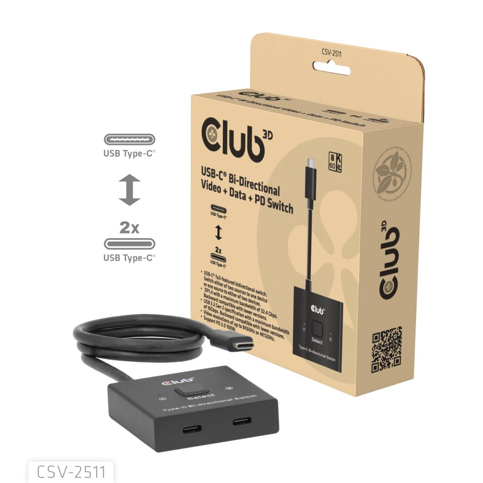 CLUB3D USB-CÂ® Bi-Directional Video + Data + PD Switch
