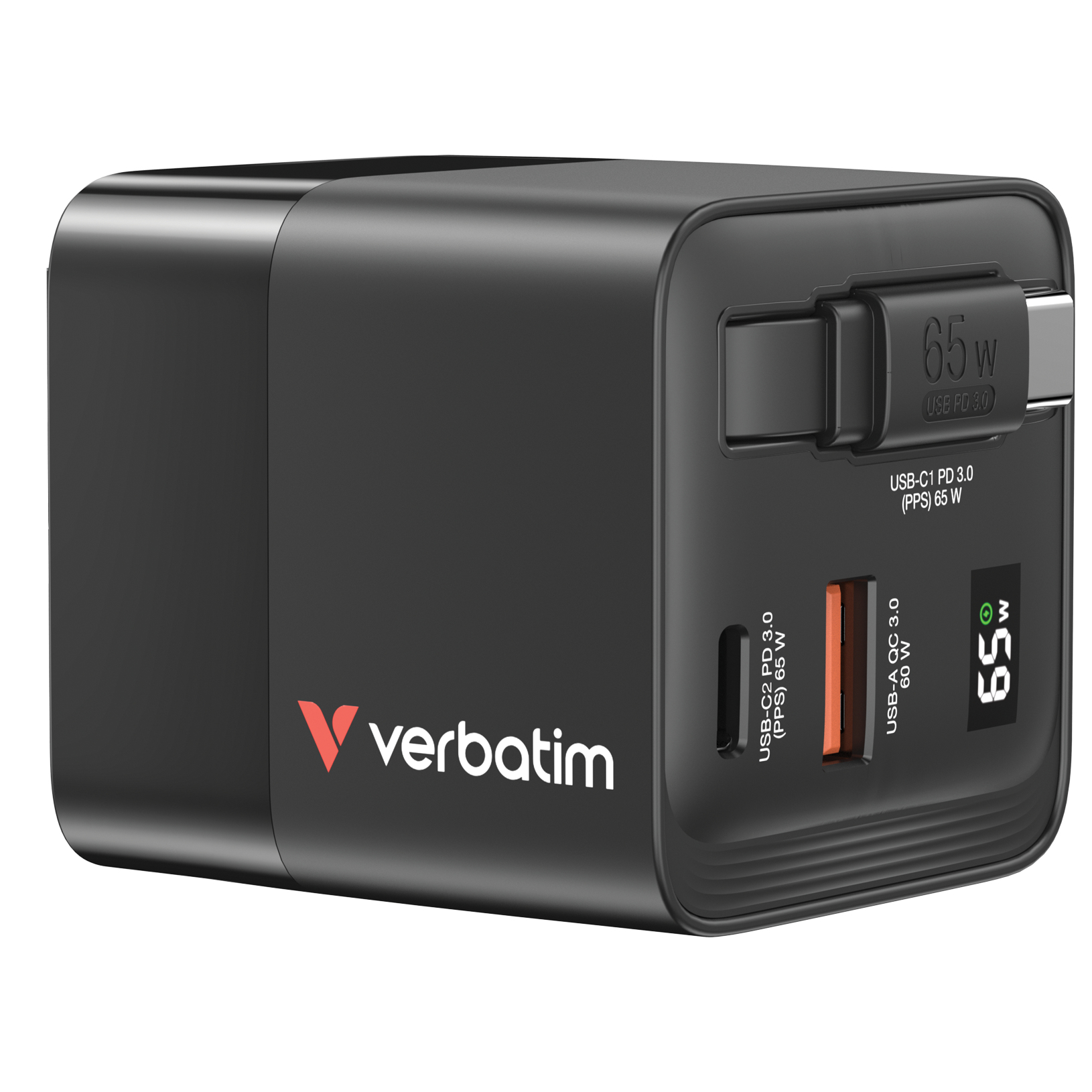 Verbatim GaN Charger 65W 2 Port retractable cable display US plugs with EU and UK adaptors
