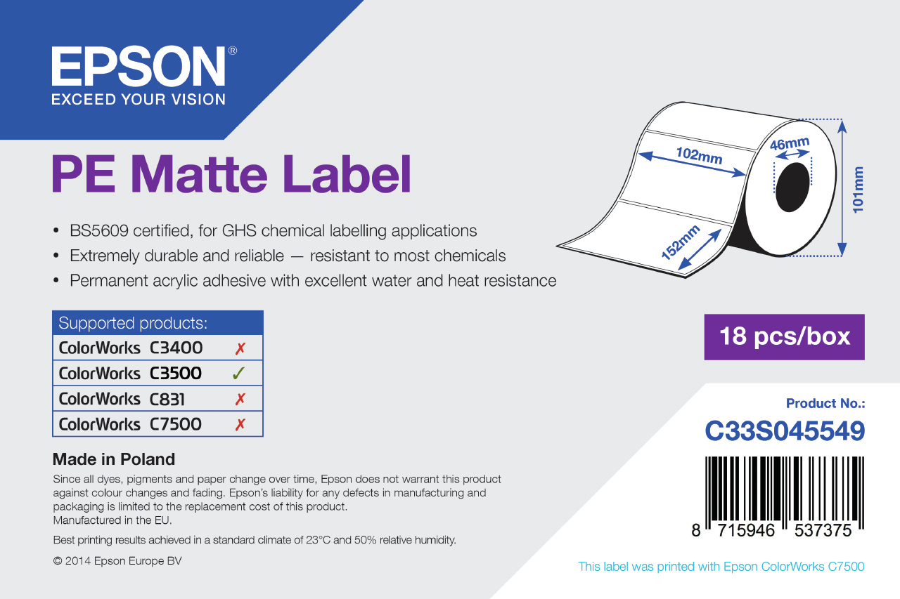 Epson C33S045549 Format-etikettes matt die-cut 102mm x 76mm 365 Pack=1 for Epson TM-C 3500