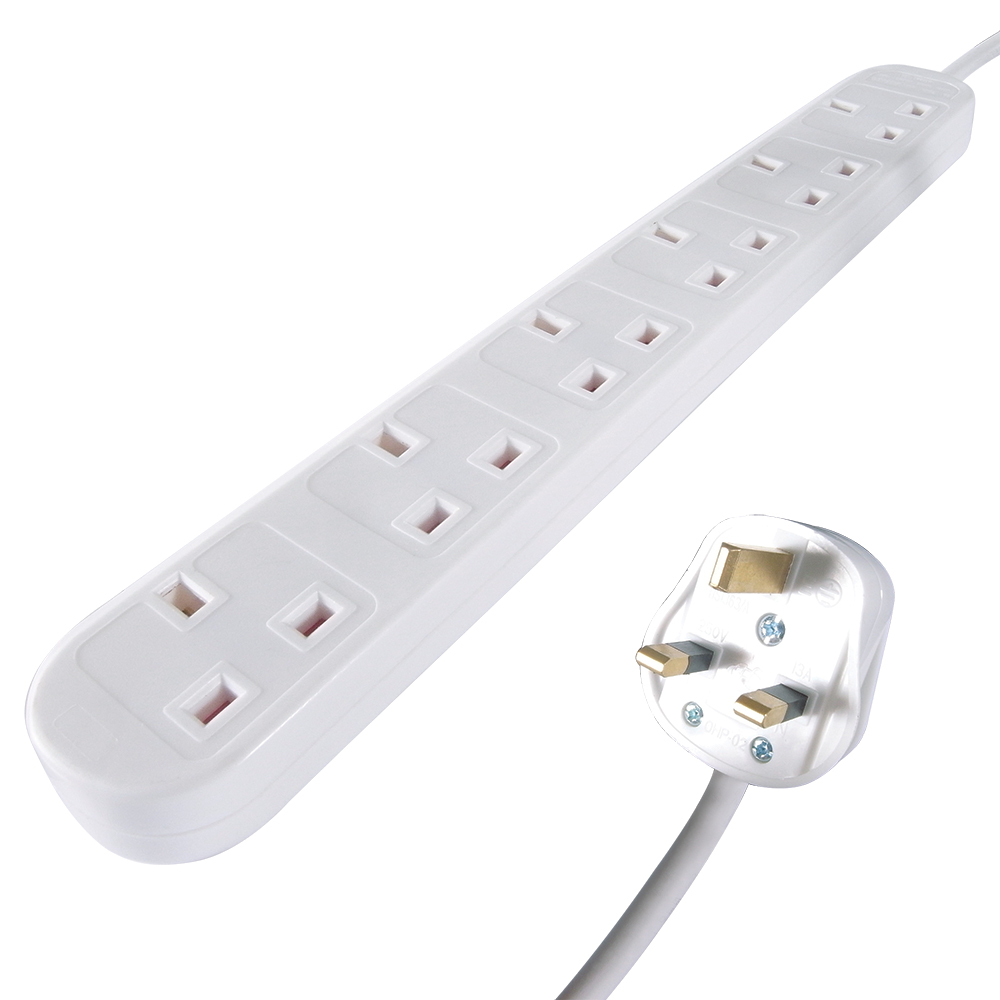 connektgear 5m 6 Way Power Extension Block - UK Plug to 6 x UK Sockets - White