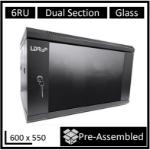 LDR Assembled 6U Hinged Wall Mount Cabinet (600mm x 550mm) Glass Door - Black Metal Construction - Top Fan Vents - Side Access Panels