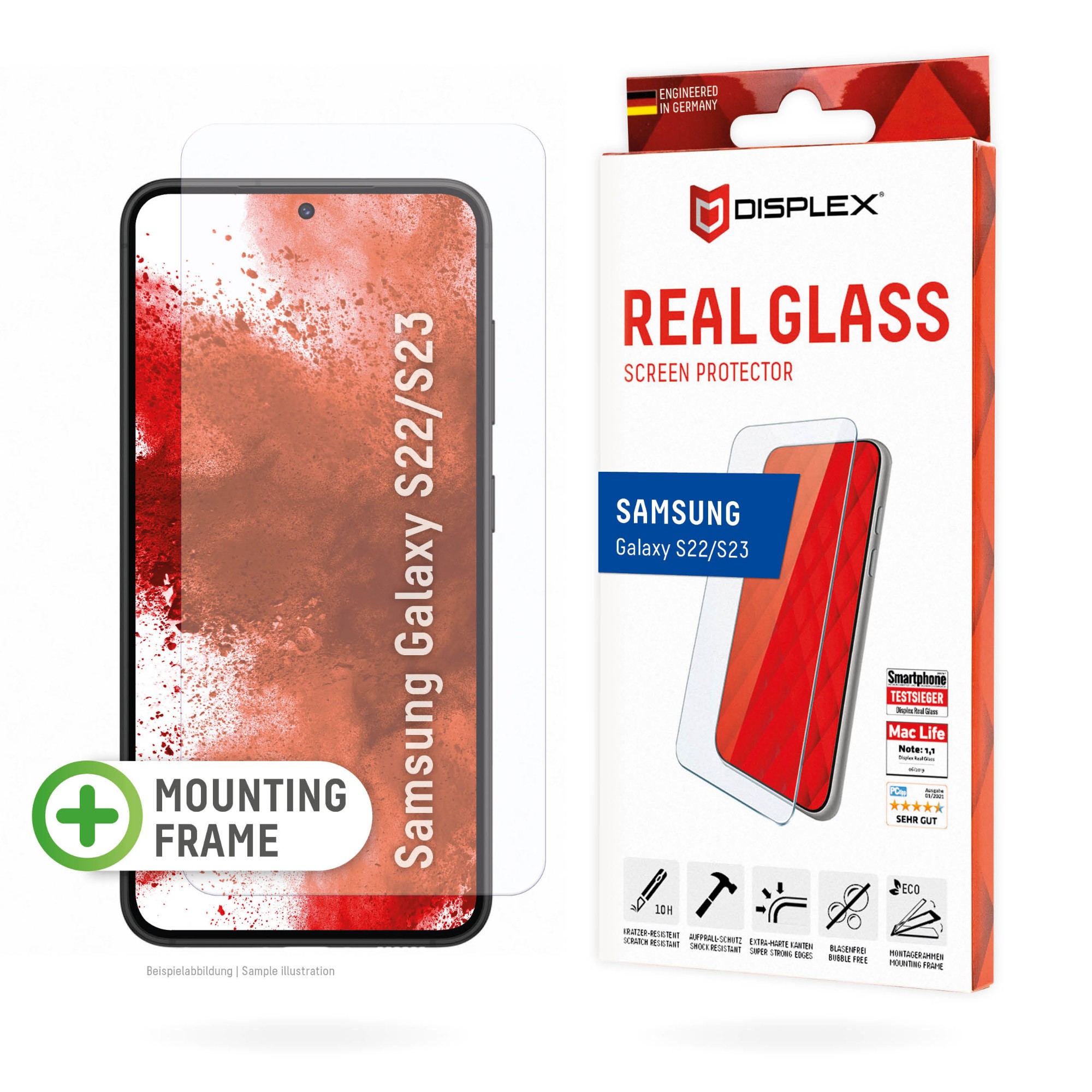 Displex Screen Protector (10H) for Samsung Galaxy S22/S23, Eco Mounting Frame, scratch resistant