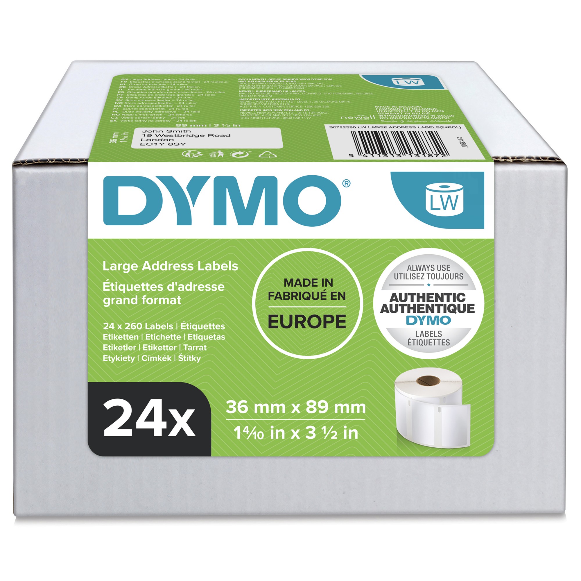 Dymo 13187/S0722390 DirectLabel-etikettes white 36mm x 89mm Pack=24 fo
