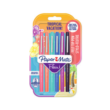 Image of Papermate Flair Tropical Capped gel pen Black, Blue, Orange, Pink,...