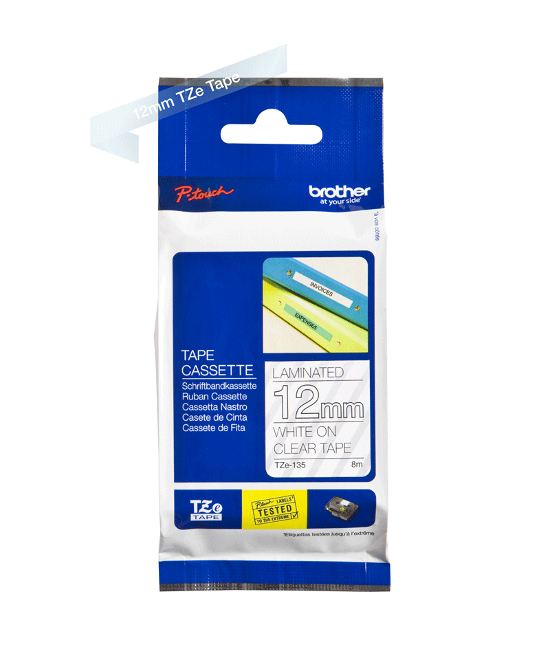 Brother TZE-135 DirectLabel white on Transparent Laminat 12mm x 8m for Brother P-Touch TZ 3.5-18mm/6-12mm/6-18mm/6-24mm/6-36mm