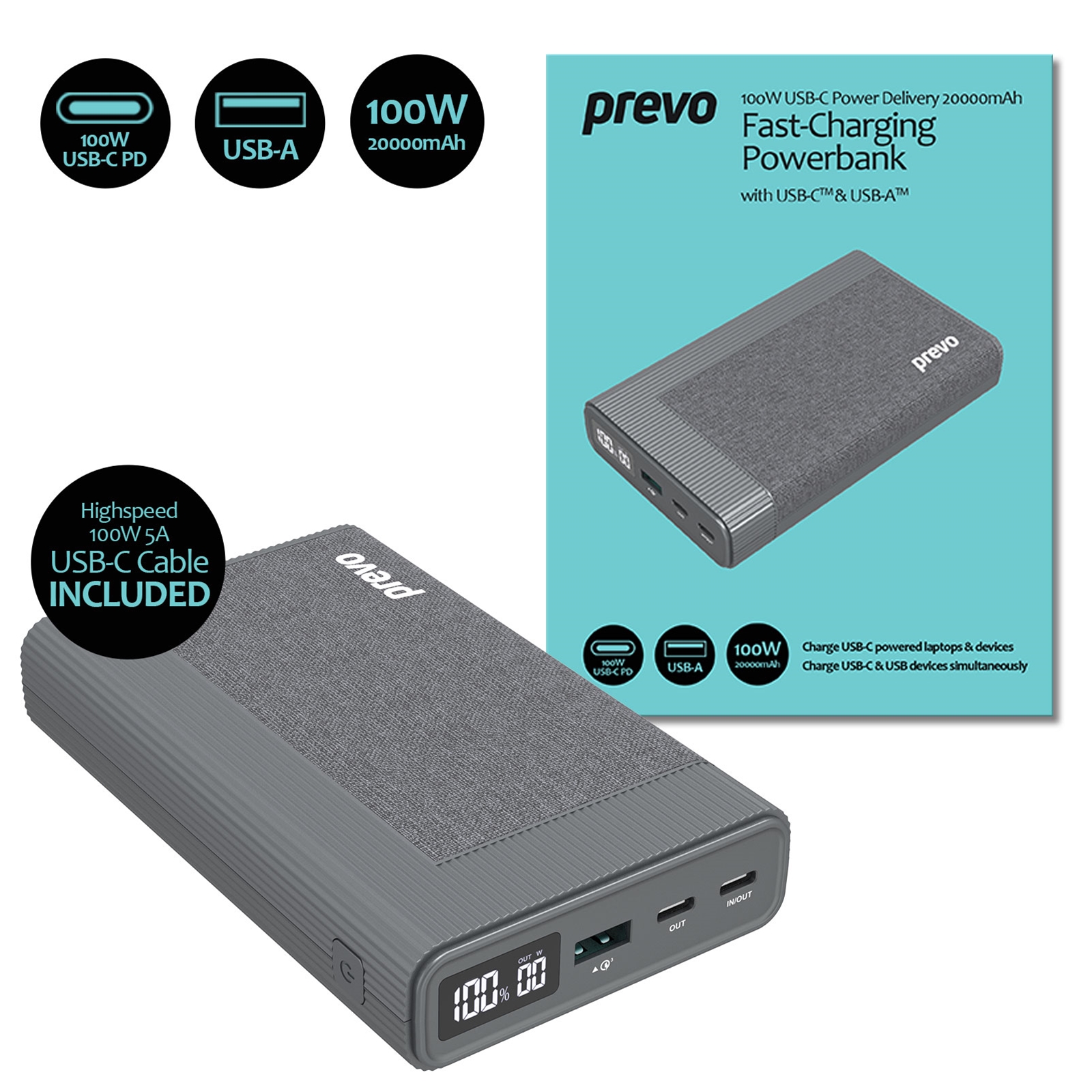 Image of PREVO AD10C 100W USB-C Power Delivery PD 20000mAh Portable...
