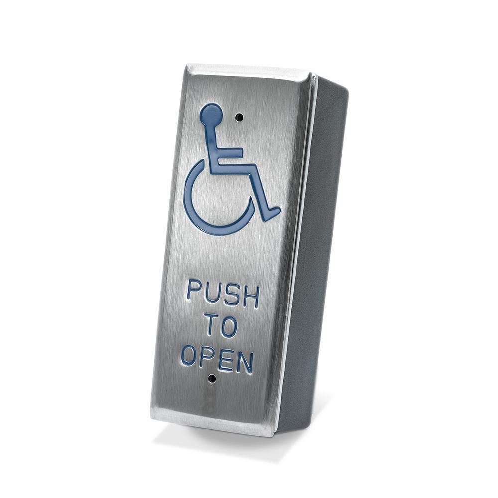 Narrow style surface mount  stainess steel DDA exit  button - Wheelchair Logo with PUSH TO OPEN thumbnail