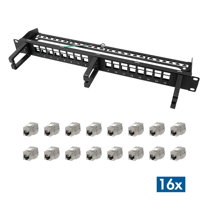LogiLink Modular 16-port Cat.6A keystone panel, 19"/1U, with 3 cable rings, black